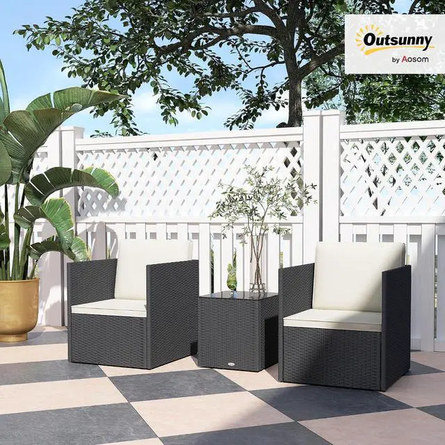 Alt view image 2 of 7 - 3 Piece Patio Furniture Set, Outdoor Wicker Bistro Set, Black | Folding Design, Washable Cushions, Adjustable Feet, Glass Coffee Table, Easy Assembly, Garden Balcony Poolside Backyard