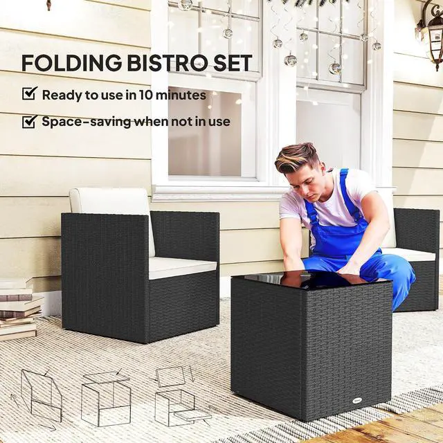 Alt view image 3 of 7 - 3 Piece Patio Furniture Set, Outdoor Wicker Bistro Set, Black | Folding Design, Washable Cushions, Adjustable Feet, Glass Coffee Table, Easy Assembly, Garden Balcony Poolside Backyard