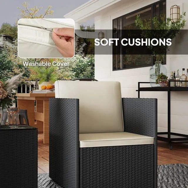 Alt view image 5 of 7 - 3 Piece Patio Furniture Set, Outdoor Wicker Bistro Set, Black | Folding Design, Washable Cushions, Adjustable Feet, Glass Coffee Table, Easy Assembly, Garden Balcony Poolside Backyard