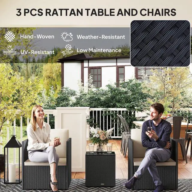 Alt view image 4 of 7 - 3 Piece Patio Furniture Set, Outdoor Wicker Bistro Set, Black | Folding Design, Washable Cushions, Adjustable Feet, Glass Coffee Table, Easy Assembly, Garden Balcony Poolside Backyard