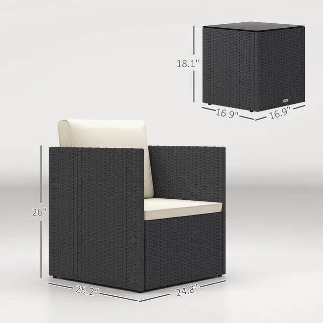 Alt view image 7 of 7 - 3 Piece Patio Furniture Set, Outdoor Wicker Bistro Set, Black | Folding Design, Washable Cushions, Adjustable Feet, Glass Coffee Table, Easy Assembly, Garden Balcony Poolside Backyard