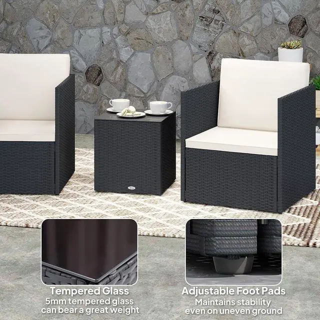 Alt view image 6 of 7 - 3 Piece Patio Furniture Set, Outdoor Wicker Bistro Set, Black | Folding Design, Washable Cushions, Adjustable Feet, Glass Coffee Table, Easy Assembly, Garden Balcony Poolside Backyard