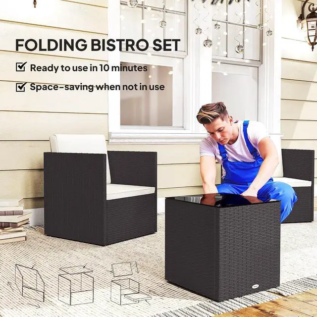 Alt view image 3 of 7 - 3 Piece Patio Furniture Set, Outdoor Wicker Bistro Set, Brown | Folding Design, Washable Cushions, Adjustable Feet, Glass Coffee Table, Easy Assembly, Garden Balcony Poolside Backyard
