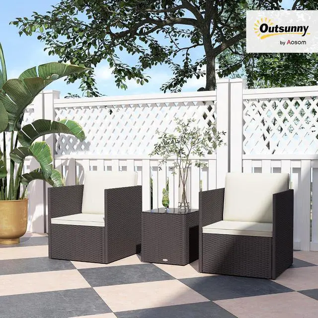 Alt view image 2 of 7 - 3 Piece Patio Furniture Set, Outdoor Wicker Bistro Set, Brown | Folding Design, Washable Cushions, Adjustable Feet, Glass Coffee Table, Easy Assembly, Garden Balcony Poolside Backyard