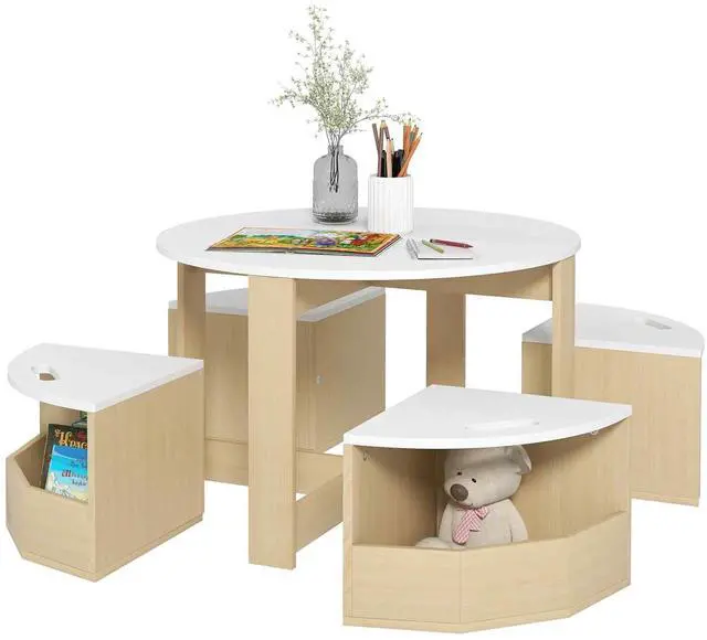 Main image of Qaba Toddler Table and Chairs Set 5 Pieces Round Kids Activity Table White | Storage, Play, Art, Craft, Drawing, Playroom, Classroom, Nursery