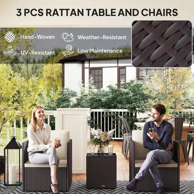 Alt view image 4 of 7 - 3 Piece Patio Furniture Set, Outdoor Wicker Bistro Set, Brown | Folding Design, Washable Cushions, Adjustable Feet, Glass Coffee Table, Easy Assembly, Garden Balcony Poolside Backyard