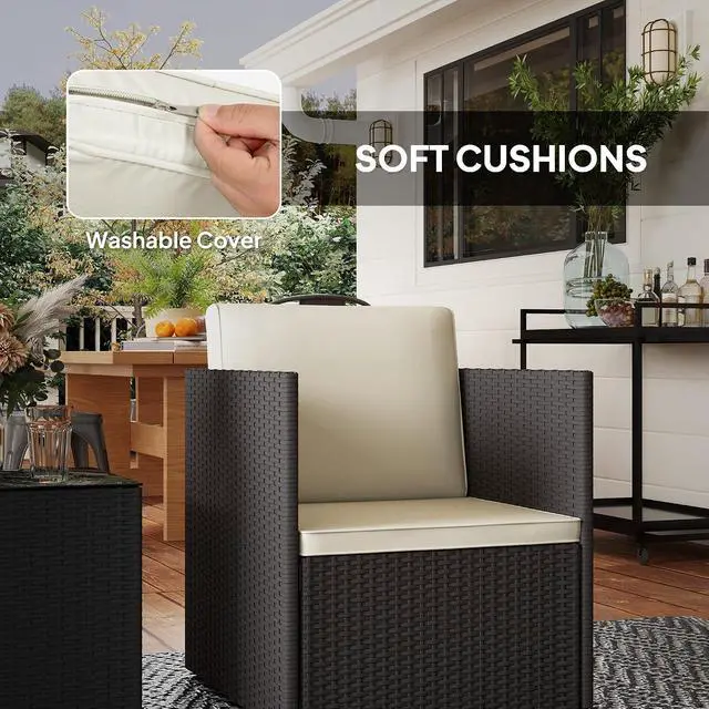 Alt view image 5 of 7 - 3 Piece Patio Furniture Set, Outdoor Wicker Bistro Set, Brown | Folding Design, Washable Cushions, Adjustable Feet, Glass Coffee Table, Easy Assembly, Garden Balcony Poolside Backyard