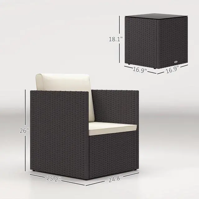 Alt view image 7 of 7 - 3 Piece Patio Furniture Set, Outdoor Wicker Bistro Set, Brown | Folding Design, Washable Cushions, Adjustable Feet, Glass Coffee Table, Easy Assembly, Garden Balcony Poolside Backyard