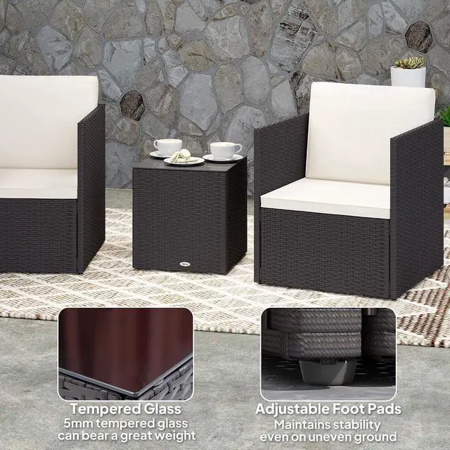Alt view image 6 of 7 - 3 Piece Patio Furniture Set, Outdoor Wicker Bistro Set, Brown | Folding Design, Washable Cushions, Adjustable Feet, Glass Coffee Table, Easy Assembly, Garden Balcony Poolside Backyard