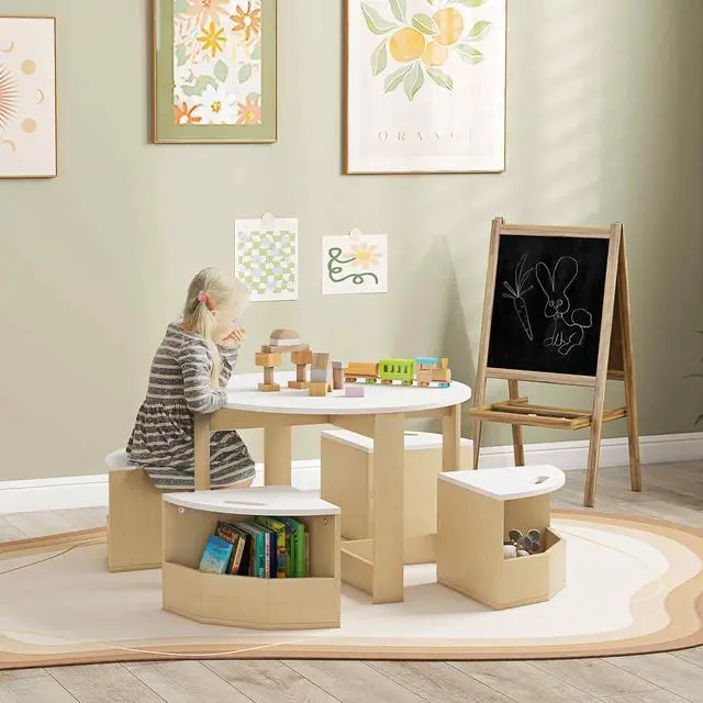 Alt view image 2 of 7 - Qaba Toddler Table and Chairs Set 5 Pieces Round Kids Activity Table White | Storage, Play, Art, Craft, Drawing, Playroom, Classroom, Nursery
