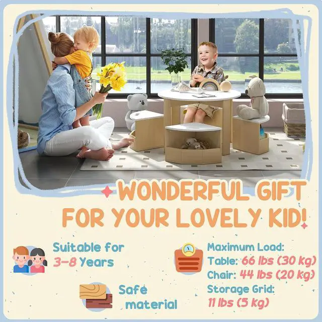 Alt view image 6 of 7 - Qaba Toddler Table and Chairs Set 5 Pieces Round Kids Activity Table White | Storage, Play, Art, Craft, Drawing, Playroom, Classroom, Nursery
