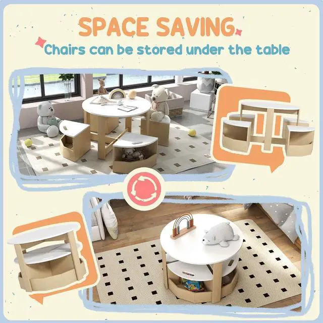 Alt view image 4 of 7 - Qaba Toddler Table and Chairs Set 5 Pieces Round Kids Activity Table White | Storage, Play, Art, Craft, Drawing, Playroom, Classroom, Nursery