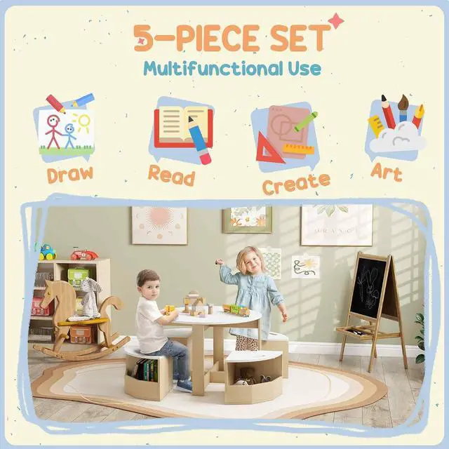Alt view image 3 of 7 - Qaba Toddler Table and Chairs Set 5 Pieces Round Kids Activity Table White | Storage, Play, Art, Craft, Drawing, Playroom, Classroom, Nursery