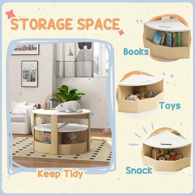 Alt view image 5 of 7 - Qaba Toddler Table and Chairs Set 5 Pieces Round Kids Activity Table White | Storage, Play, Art, Craft, Drawing, Playroom, Classroom, Nursery