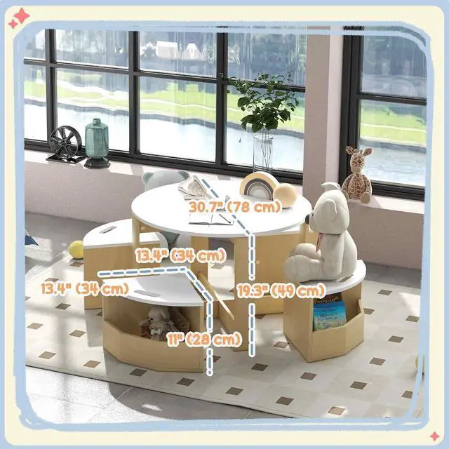Alt view image 7 of 7 - Qaba Toddler Table and Chairs Set 5 Pieces Round Kids Activity Table White | Storage, Play, Art, Craft, Drawing, Playroom, Classroom, Nursery
