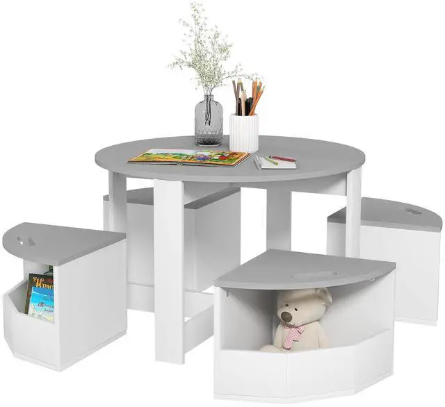 Main image of Qaba Toddler Table and Chairs Set 5 Pieces Round Kids Activity Table Gray | Storage, Play, Art, Craft, Drawing, Playroom, Classroom, Nursery