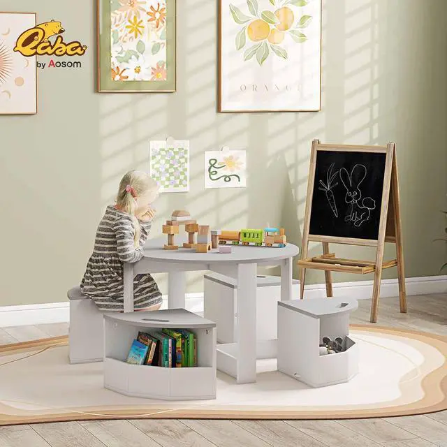 Alt view image 2 of 7 - Qaba Toddler Table and Chairs Set 5 Pieces Round Kids Activity Table Gray | Storage, Play, Art, Craft, Drawing, Playroom, Classroom, Nursery
