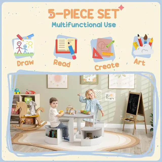 Alt view image 3 of 7 - Qaba Toddler Table and Chairs Set 5 Pieces Round Kids Activity Table Gray | Storage, Play, Art, Craft, Drawing, Playroom, Classroom, Nursery