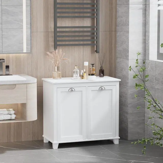 Alt view image 2 of 7 - Dual Tilt Out Laundry Hamper Cabinet Bathroom Storage Cabinet White | 2-Compartment Hamper, Modern, for Washroom