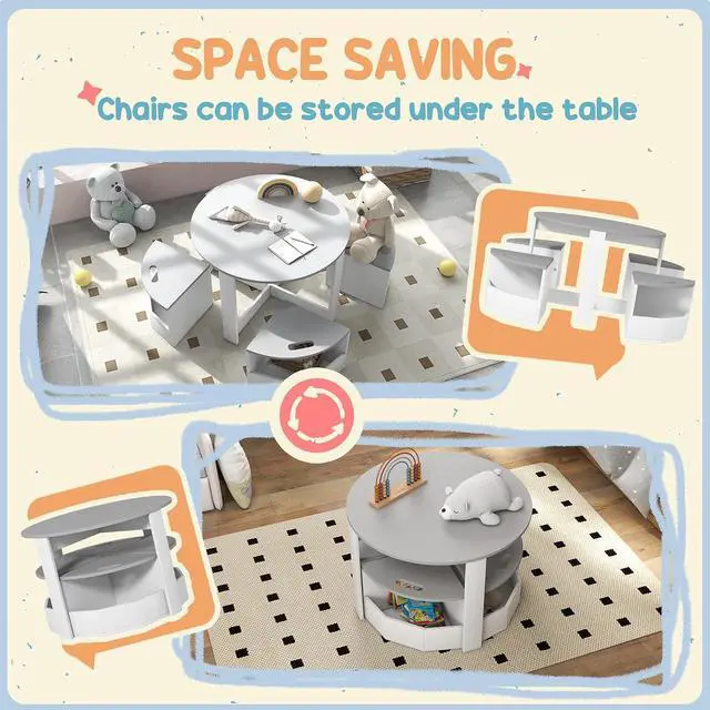 Alt view image 4 of 7 - Qaba Toddler Table and Chairs Set 5 Pieces Round Kids Activity Table Gray | Storage, Play, Art, Craft, Drawing, Playroom, Classroom, Nursery