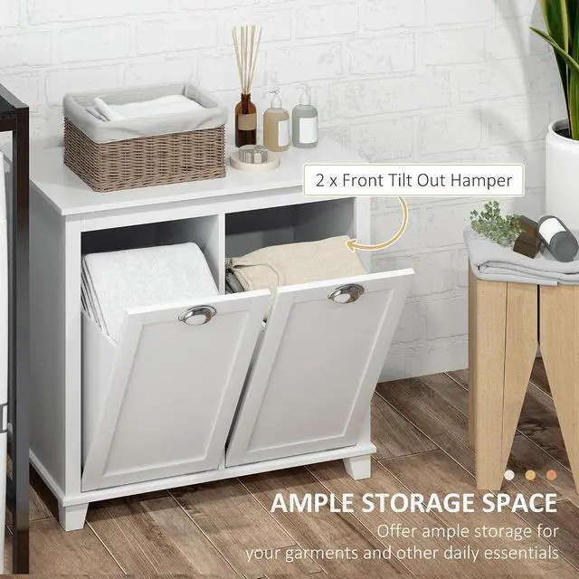 Alt view image 4 of 7 - Dual Tilt Out Laundry Hamper Cabinet Bathroom Storage Cabinet White | 2-Compartment Hamper, Modern, for Washroom