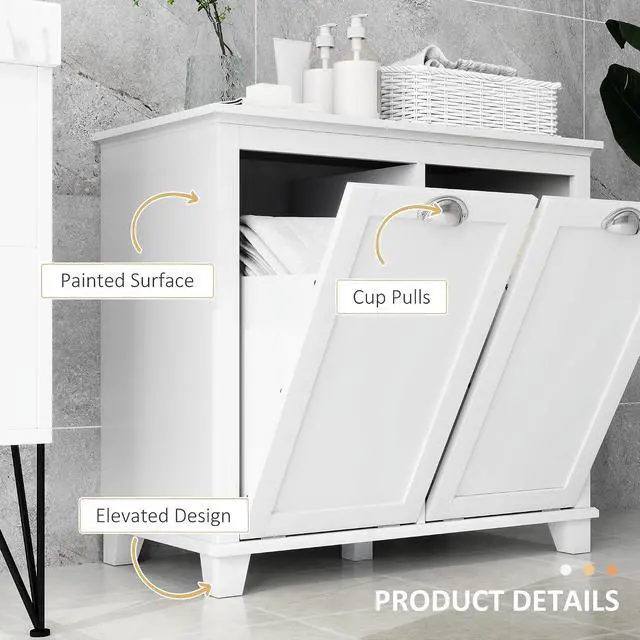 Alt view image 5 of 7 - Dual Tilt Out Laundry Hamper Cabinet Bathroom Storage Cabinet White | 2-Compartment Hamper, Modern, for Washroom