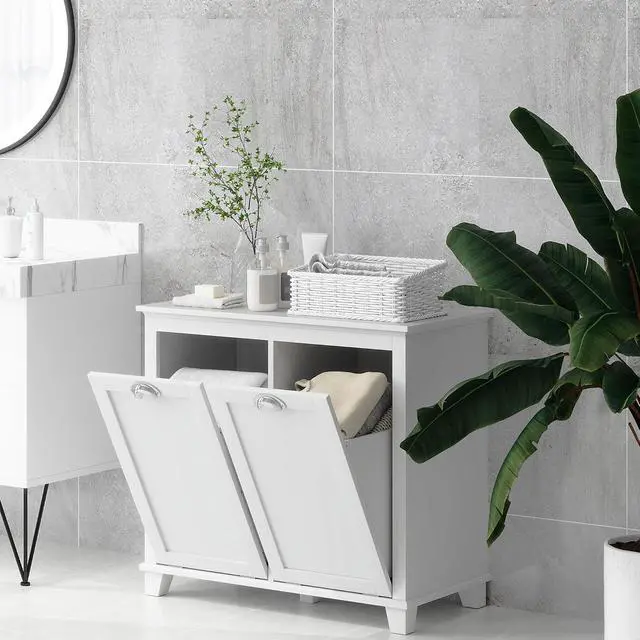 Alt view image 7 of 7 - Dual Tilt Out Laundry Hamper Cabinet Bathroom Storage Cabinet White | 2-Compartment Hamper, Modern, for Washroom