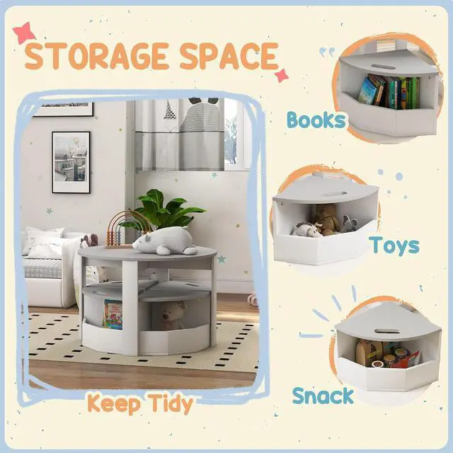 Alt view image 5 of 7 - Qaba Toddler Table and Chairs Set 5 Pieces Round Kids Activity Table Gray | Storage, Play, Art, Craft, Drawing, Playroom, Classroom, Nursery
