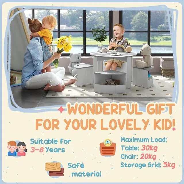 Alt view image 6 of 7 - Qaba Toddler Table and Chairs Set 5 Pieces Round Kids Activity Table Gray | Storage, Play, Art, Craft, Drawing, Playroom, Classroom, Nursery