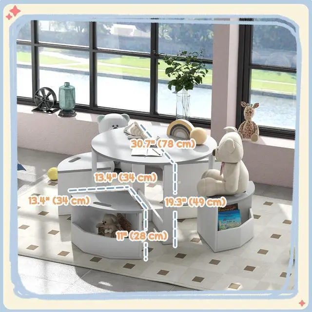 Alt view image 7 of 7 - Qaba Toddler Table and Chairs Set 5 Pieces Round Kids Activity Table Gray | Storage, Play, Art, Craft, Drawing, Playroom, Classroom, Nursery