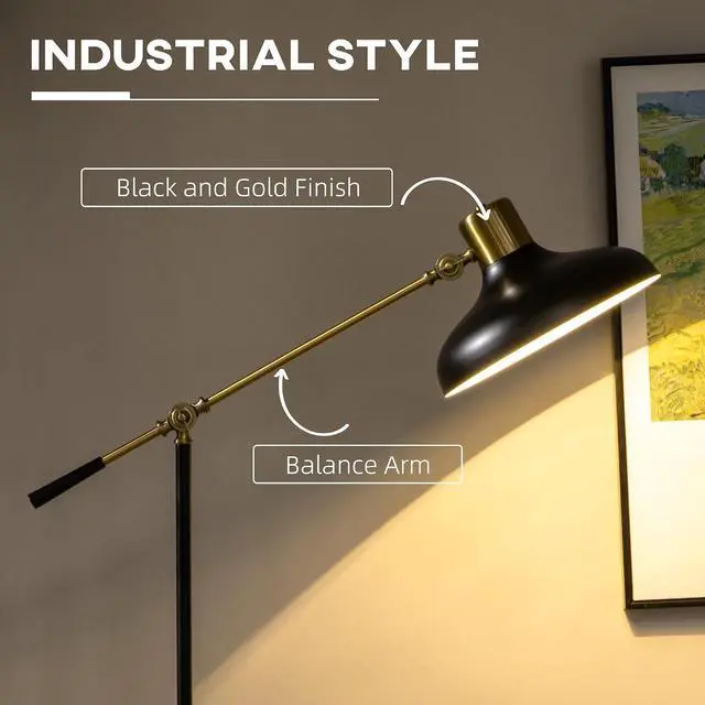 Alt view image 3 of 7 - Adjustable Floor Lamps for Living Room Balance Arm Black and Gold | Standing Lamp for Bedroom, Adjustable Head and Height, Tall, Bulb not Included