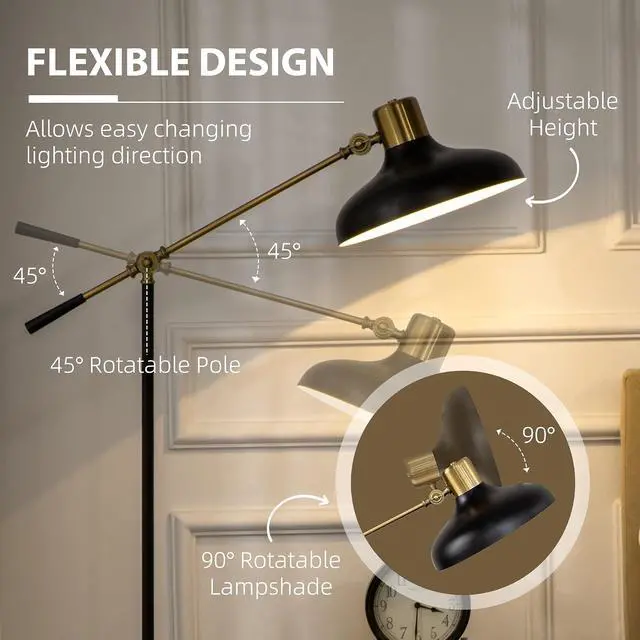 Alt view image 4 of 7 - Adjustable Floor Lamps for Living Room Balance Arm Black and Gold | Standing Lamp for Bedroom, Adjustable Head and Height, Tall, Bulb not Included