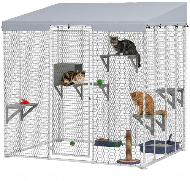 Main image of PawHut Catio Outdoor Cat Enclosure 79" Large Walk-in Cat House, Resting Box | Waterproof Cover, 2 Resting Boxes, 7 Jumping Platforms, Chicken Run Coop, Rabbit Hutch, Feral Kitten Shelter Pointed Roof