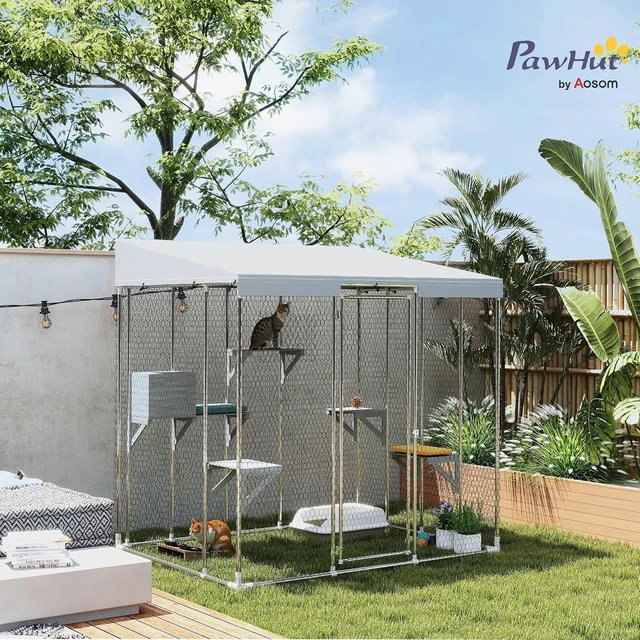 Alt view image 2 of 7 - PawHut Catio Outdoor Cat Enclosure 79" Large Walk-in Cat House, Resting Box | Waterproof Cover, 2 Resting Boxes, 7 Jumping Platforms, Chicken Run Coop, Rabbit Hutch, Feral Kitten Shelter Pointed Roof