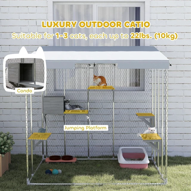 Alt view image 3 of 7 - PawHut Catio Outdoor Cat Enclosure 79" Large Walk-in Cat House, Resting Box | Waterproof Cover, 2 Resting Boxes, 7 Jumping Platforms, Chicken Run Coop, Rabbit Hutch, Feral Kitten Shelter Pointed Roof