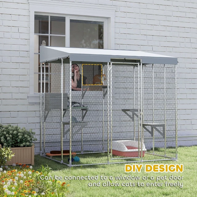 Alt view image 5 of 7 - PawHut Catio Outdoor Cat Enclosure 79" Large Walk-in Cat House, Resting Box | Waterproof Cover, 2 Resting Boxes, 7 Jumping Platforms, Chicken Run Coop, Rabbit Hutch, Feral Kitten Shelter Pointed Roof