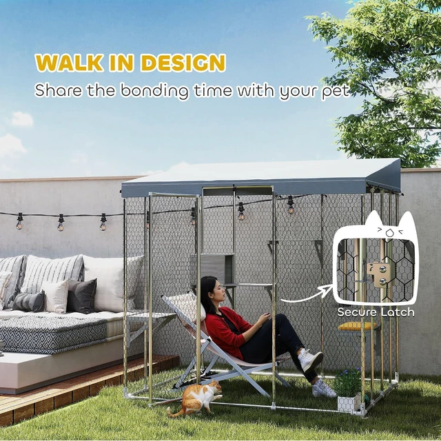 Alt view image 4 of 7 - PawHut Catio Outdoor Cat Enclosure 79" Large Walk-in Cat House, Resting Box | Waterproof Cover, 2 Resting Boxes, 7 Jumping Platforms, Chicken Run Coop, Rabbit Hutch, Feral Kitten Shelter Pointed Roof