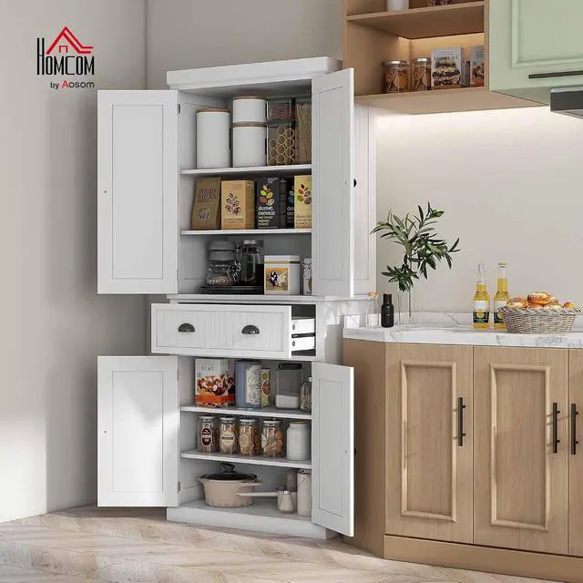 Alt view image 2 of 7 - 72" Kitchen Pantry Cabinet Freestanding Tall Storage Cabinet White | Traditional Kitchen Pantry, 4 Doors, Drawer, 3 Adjustable Shelves, for Dining Room