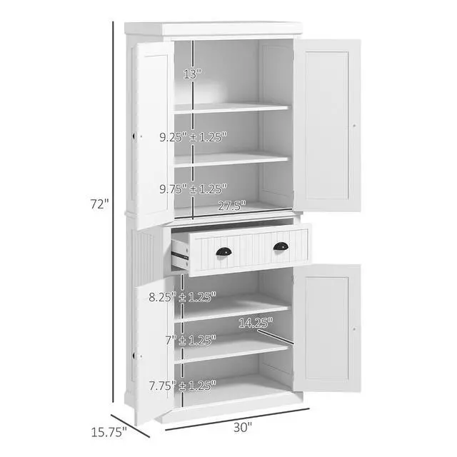 Alt view image 3 of 7 - 72" Kitchen Pantry Cabinet Freestanding Tall Storage Cabinet White | Traditional Kitchen Pantry, 4 Doors, Drawer, 3 Adjustable Shelves, for Dining Room