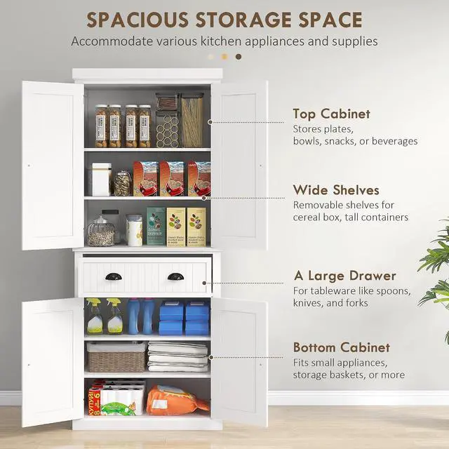 Alt view image 4 of 7 - 72" Kitchen Pantry Cabinet Freestanding Tall Storage Cabinet White | Traditional Kitchen Pantry, 4 Doors, Drawer, 3 Adjustable Shelves, for Dining Room