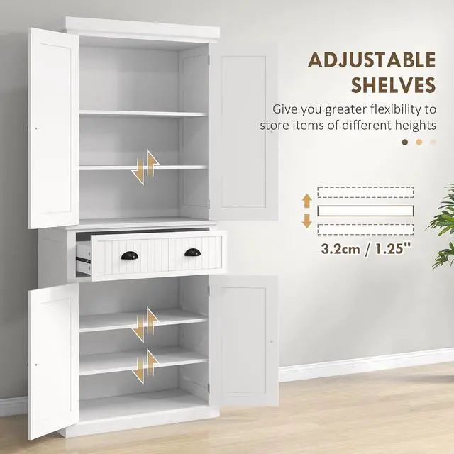 Alt view image 5 of 7 - 72" Kitchen Pantry Cabinet Freestanding Tall Storage Cabinet White | Traditional Kitchen Pantry, 4 Doors, Drawer, 3 Adjustable Shelves, for Dining Room