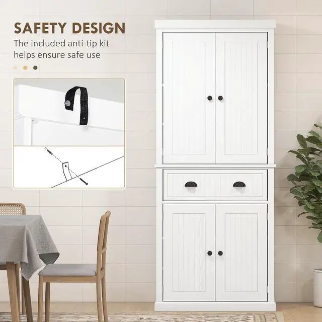 Alt view image 6 of 7 - 72" Kitchen Pantry Cabinet Freestanding Tall Storage Cabinet White | Traditional Kitchen Pantry, 4 Doors, Drawer, 3 Adjustable Shelves, for Dining Room