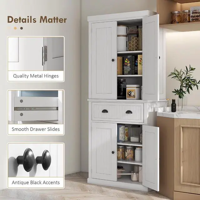 Alt view image 7 of 7 - 72" Kitchen Pantry Cabinet Freestanding Tall Storage Cabinet White | Traditional Kitchen Pantry, 4 Doors, Drawer, 3 Adjustable Shelves, for Dining Room