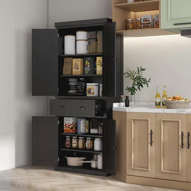 Alt view image 2 of 7 - 72" Kitchen Pantry Cabinet Freestanding Tall Storage Cabinet Black | Traditional Kitchen Pantry, 4 Doors, Drawer, 3 Adjustable Shelves, for Dining Room