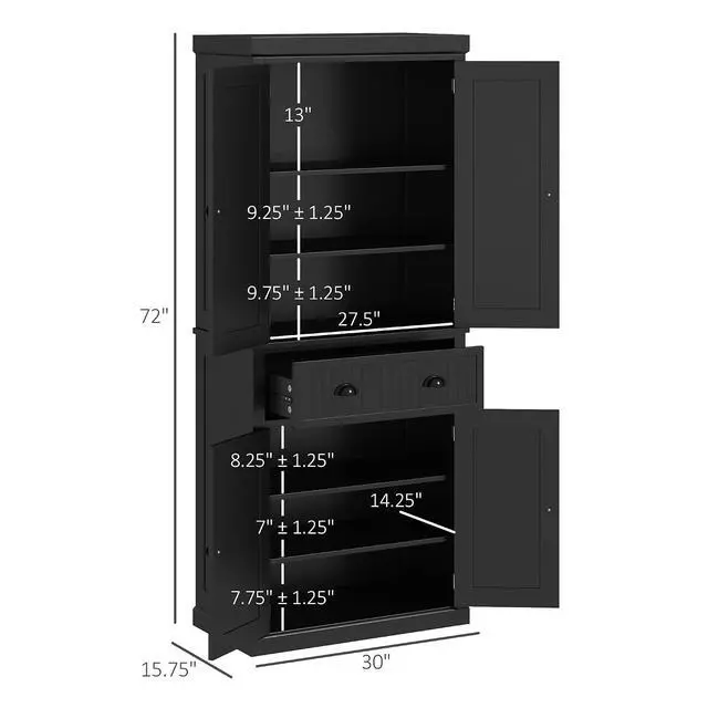 Alt view image 3 of 7 - 72" Kitchen Pantry Cabinet Freestanding Tall Storage Cabinet Black | Traditional Kitchen Pantry, 4 Doors, Drawer, 3 Adjustable Shelves, for Dining Room
