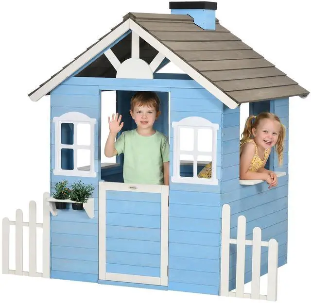 Main image of Playhouse for Kids Outdoor Country Style Wooden for 3-7 Years Blue | Flower Pot Holders, Working Door, Windows, Service Stations