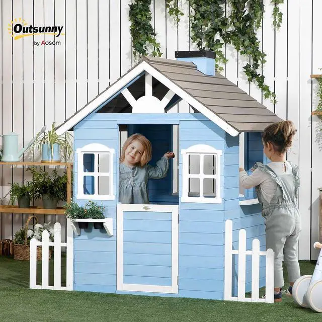 Alt view image 2 of 7 - Playhouse for Kids Outdoor Country Style Wooden for 3-7 Years Blue | Flower Pot Holders, Working Door, Windows, Service Stations