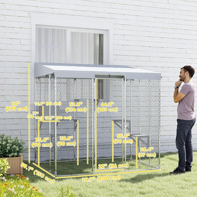 Alt view image 7 of 7 - PawHut Catio Outdoor Cat Enclosure 79" Large Walk-in Cat House, Resting Box | Waterproof Cover, 2 Resting Boxes, 7 Jumping Platforms, Chicken Run Coop, Rabbit Hutch, Feral Kitten Shelter Pointed Roof
