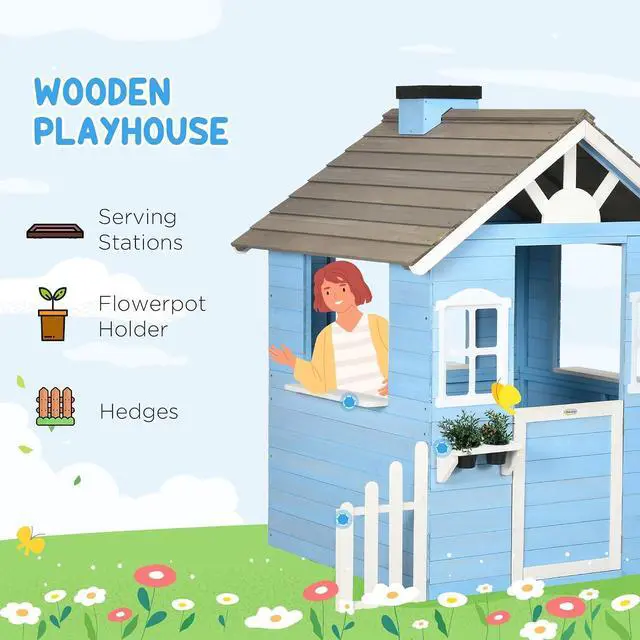 Alt view image 3 of 7 - Playhouse for Kids Outdoor Country Style Wooden for 3-7 Years Blue | Flower Pot Holders, Working Door, Windows, Service Stations