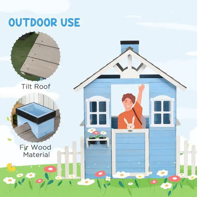 Alt view image 4 of 7 - Playhouse for Kids Outdoor Country Style Wooden for 3-7 Years Blue | Flower Pot Holders, Working Door, Windows, Service Stations